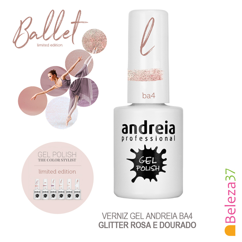 Verniz Gel Andreia Ba4 Glitter Rosa e Dourado BELEZA37