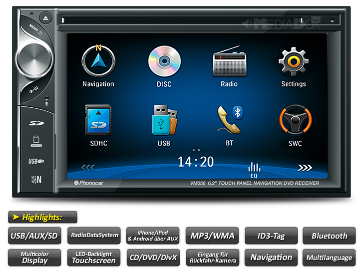 Autorrádio Phonocar Duplo Din CD/DVD USB GPS Bluetooth VM057 Autorrádio Phonocar Duplo Din CD/DVD USB GPS Bluetooth VM057